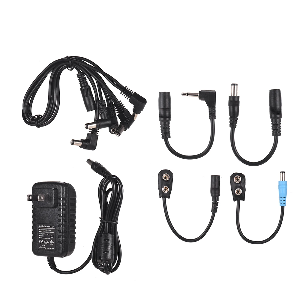 Guitar Pedal Power Supply Adapter DC 9V 1A with 8 Way Topology Cable Reversed Polarity Cables