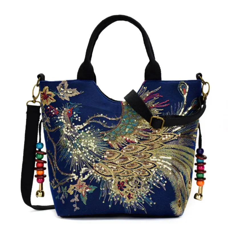 Женская сумка в этническом стиле с вышивкой павлина, винтажная женская сумка через плечо