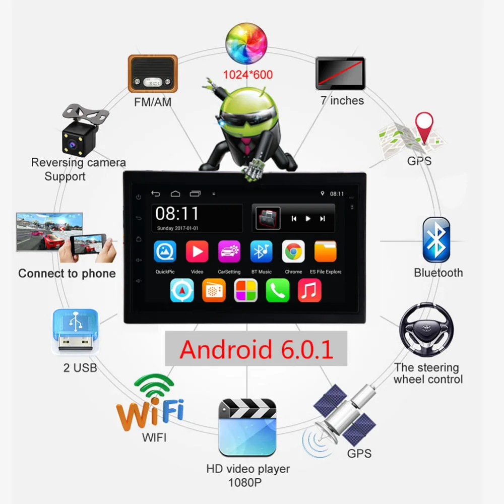 Flash Deal Android 6.0 System 2 Din 7 inch Touch Screen MP5 Car GPS Navigator Multimedia USB WIFI Audio Video Player with 8led rear camera 0