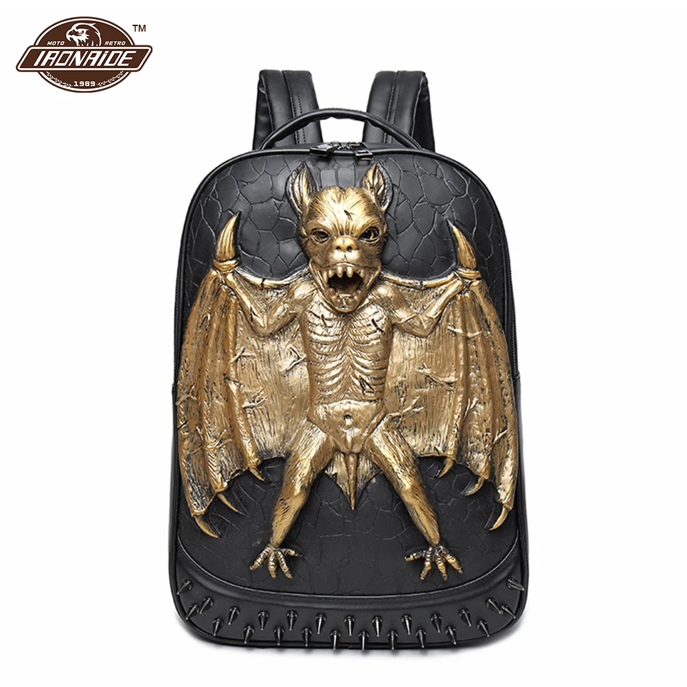 

Men Backpack Motorcycle Backpacks PU Leather Motorcycle Bag Waterproof Bag 3D Embossed Bat Rivet Satchel Steam Punk Shoulder Bag