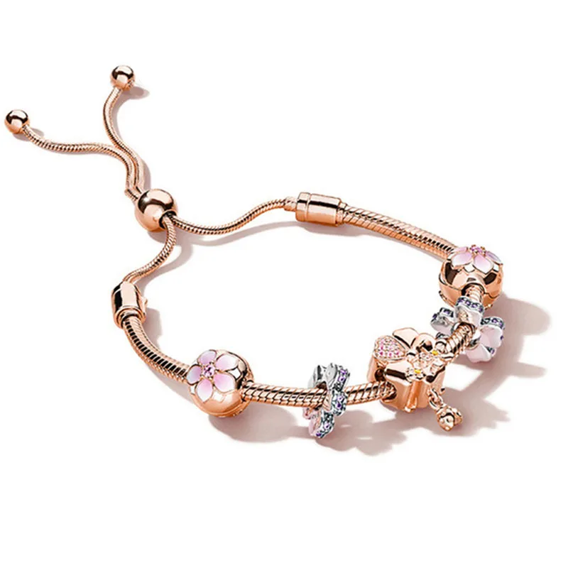 

100% 925 Sterling Silver Brand New Bracelet Set Magnolia Flower and Ever Blooming Charm Rose Gold Bracelet Set Elegant Jewelry