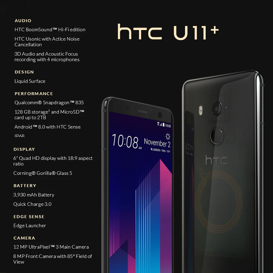 Мобильный телефон htc U11 Plus 6 ГБ 128 ГБ Восьмиядерный процессор Snapdragon 835 6,0 дюймов Android 8,0 IP68 водонепроницаемый пылезащитный телефонный