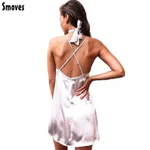 Smoves Women Sexy Deep V Neck Back Strappy Cross Choker Neck Silk Satin Slip Dress A-Line Shinning Party Dresses Vestidos New