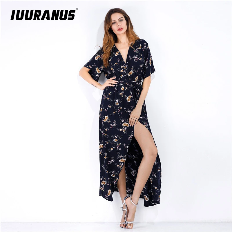 

IUURANUS 2019 summer beach dress Vintage Floral Sexy V Neck Bow knot Sashes Slit loose print Boho Long Dresses