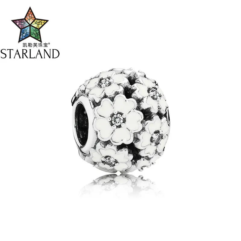 Starland Fine Detail 925 Sterling Silver Primrose Meadow White/Pink Enamel Charm Beads for Female Bracelet Women DIY Accessories