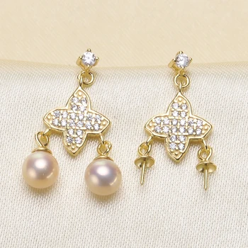 

S925 Sterling Silver Double Pearl Beads Earrings Settings Women DIY Pearl Earrings Components Silver&Gold Color 3Pairs/Lot