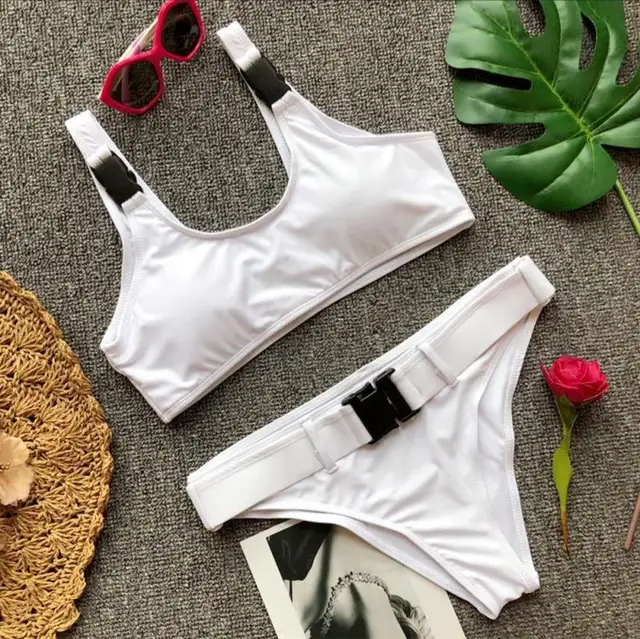 Buy Solid bikini push up buckle bikini with belt white swimsuit high waisted