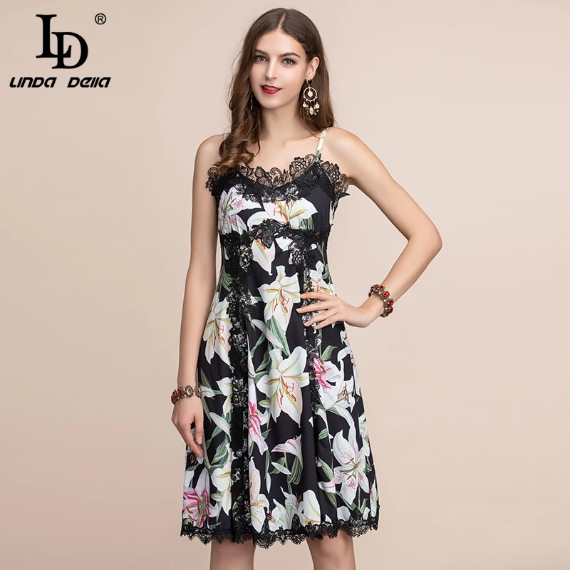 

LD LINDA DELLA Fashion Runway Summer Dress Women's Spaghetti Strap Charming lily Flower Print Lace Patchwork Midi Vintage Dress