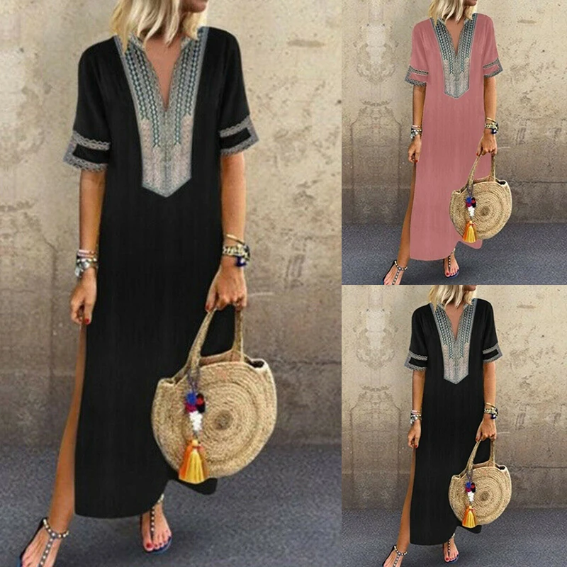 2019 Vintage Women Maxi Dress Plus Size Short Sleeves V-Neck Loose Robe Dresses Vestidos Ladies Side Split Long Boho Dresses