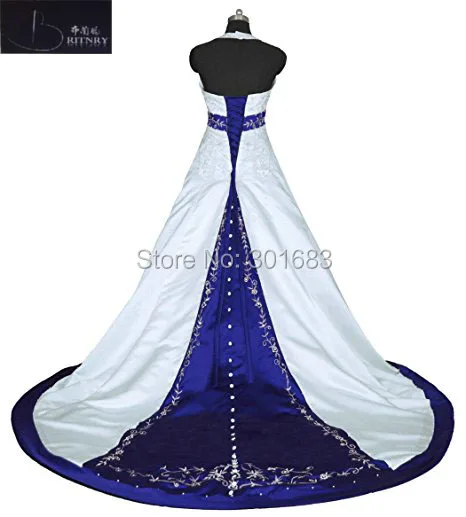Винтажное свадебное платье с лямкой на шее трапециевидной вышивкой, белое и синее атласное свадебное платье в стиле ретро, M170717-3