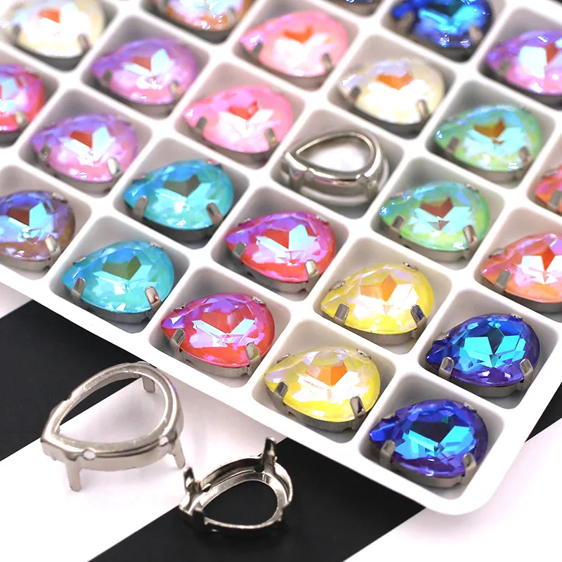  New Teardrop shape Mocha fluorescence Glass Crystal sewing hollow base sliver claw setting flatback - 33032074191