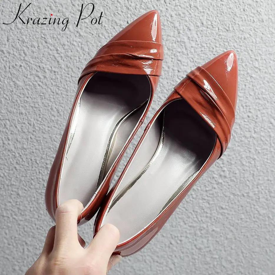 

Woman brand real cow leather elegant lady chunky med heels pumps pointed toe high street fashion slip on dress suit shoes L65