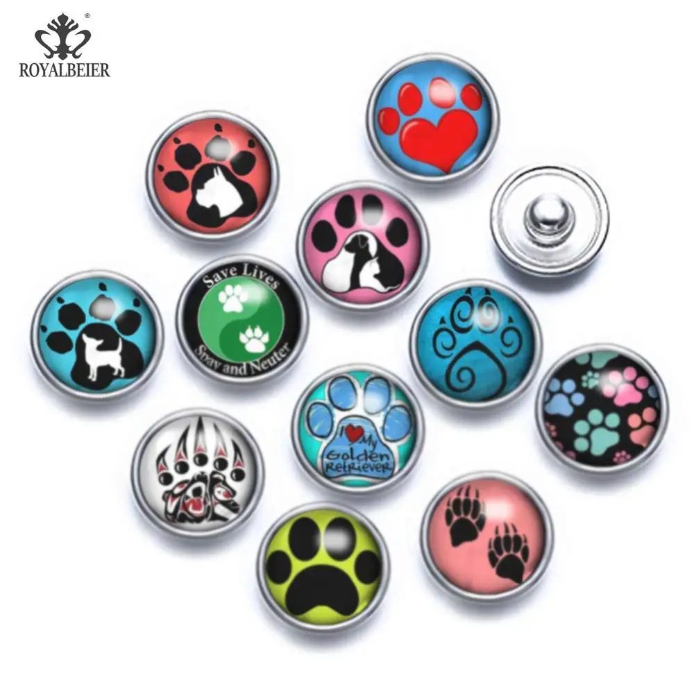 

10pcs/lot Black Dog Paw Imprint Pattern Glass Jewelry For 12mm Snap Bracelet Color Theme Glass Snap Bracelet Snap Jewelry