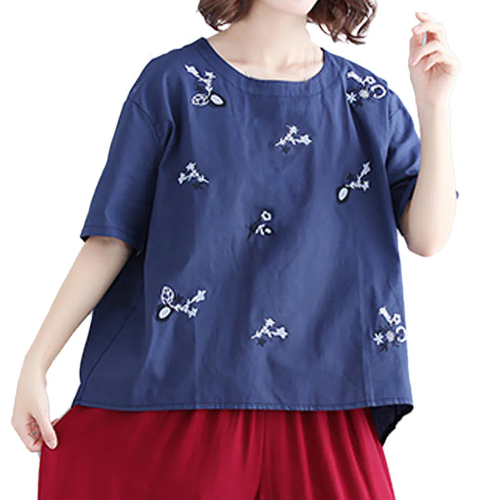 Fashion Tops 2019 Women Cotton Linen O-neck Short-sleeved Embroidered Loose Blouse T-Shirt Top