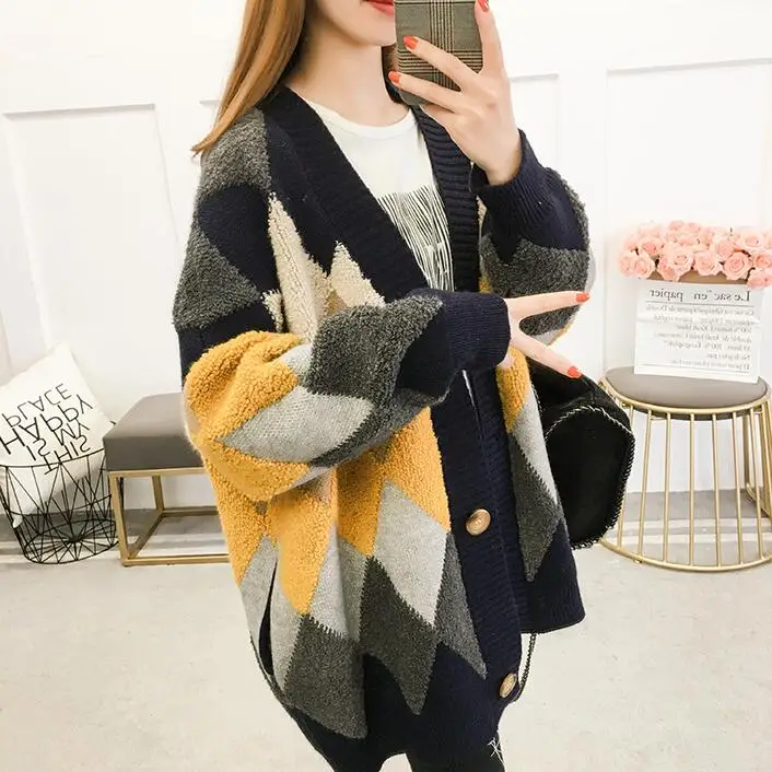 Autumn Winter Thick Knitted Cardigans Coat Women Fashion Long Sleeve Poncho Sweater Womans Crochet Cardigan - Цвет: Тёмно-синий