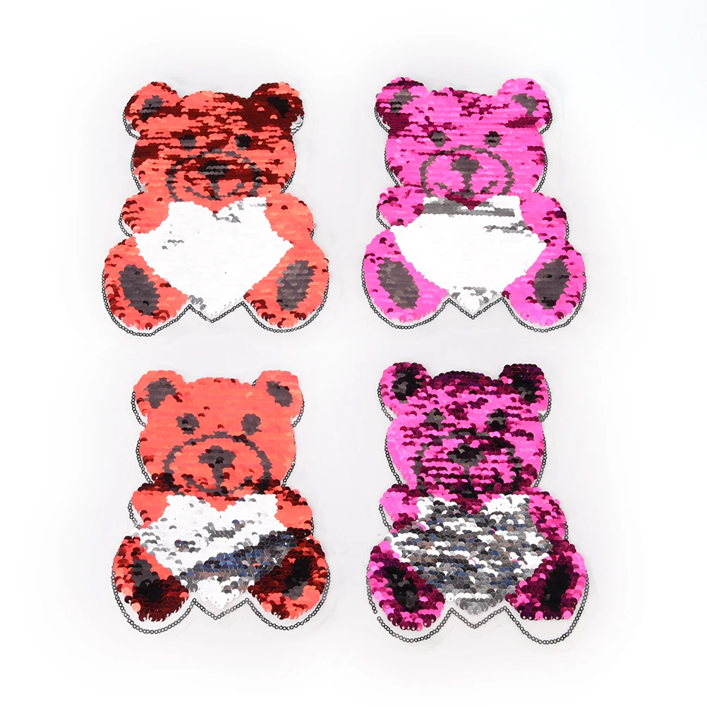 1PCS Size S L Love Bear DIY Patch Reversible Change color Sequins Sew On Patches for clothes Applique Bag Coat Jeans Craft