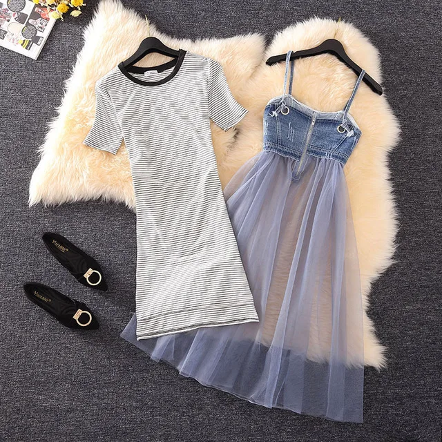 

Amolapha Women Striped Long Tshirts + High Waist Denim Mesh Patchwork 2PCS Clothing Set Suits