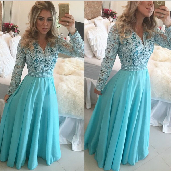 2015 Fashion A Line V-Neck Lace Applique Beads Long Sleeve Blue Chiffon Evening Dress | Свадьбы и торжества