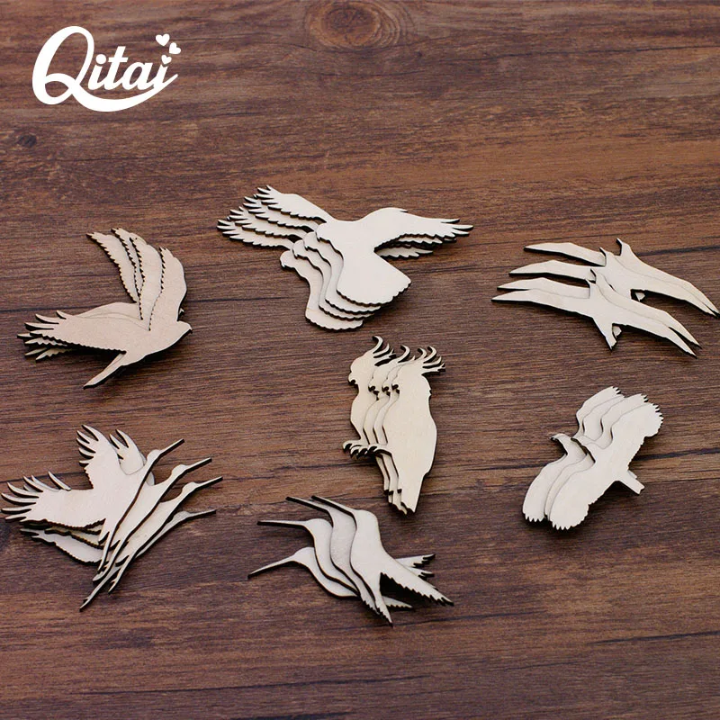 

QITAI 28 Pcs/set Wooden Carved Bird Shape Wood Craft Animal Wooden Decoration DIY scraobooking Gift Home Decoration WF303
