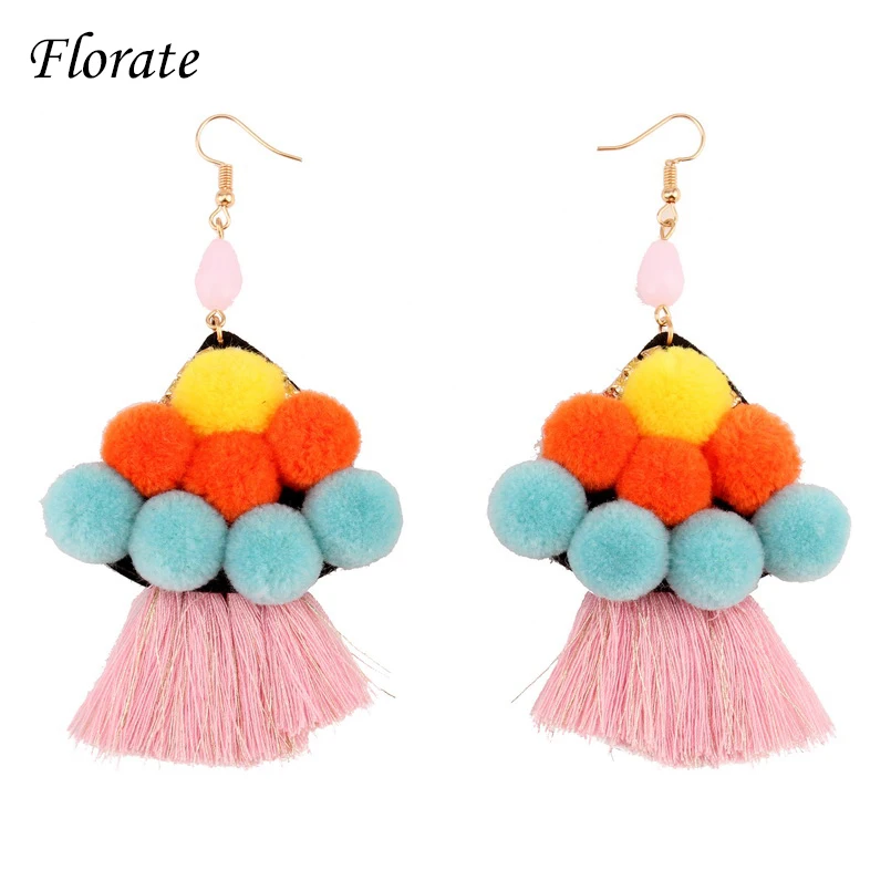 

Florate New Pink Tassel Colorful Pom Pom Earrings For Women Handmade Statement Gold Drop Dangle Designer Earrings Accessories