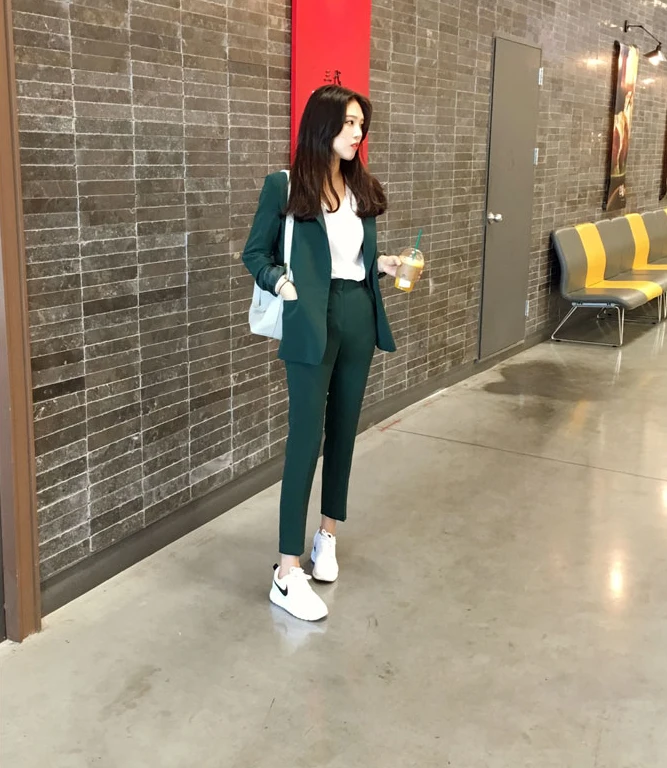 GREEN Work Pants Suits 2 Piece Sets Office Lady Suits Women Outfits Spring GREEN Work Pants Suits 2 Piece Sets Office Lady Suits Women Outfits Spring