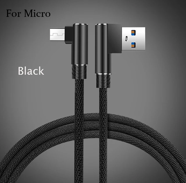 Micro USB кабель 2A 90 градусов прямоугольный локоть Быстрая зарядка USB шнур нейлоновый плетеный кабель для передачи данных для телефона huawei Android - Цвет: Черный