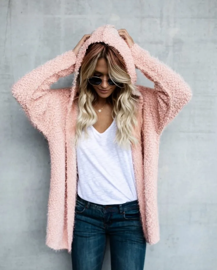 

Autumn and winter new ladies hooded cardigan jacket Faux Fur Teddy Bear Coat Jacket Women fashion cardigan casual jacket