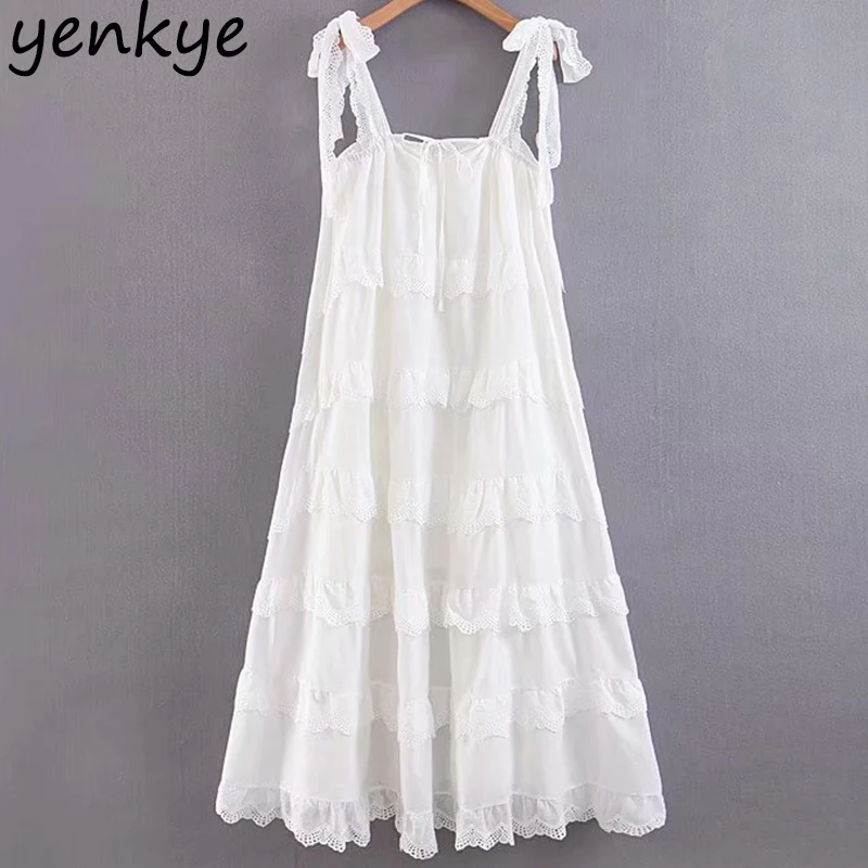 

Fashion 2019 Women Lace Trims Layered Ruffle Big Swing Romantic Party Dress Elegant Lady Sexy Backless A-line Summer Dress