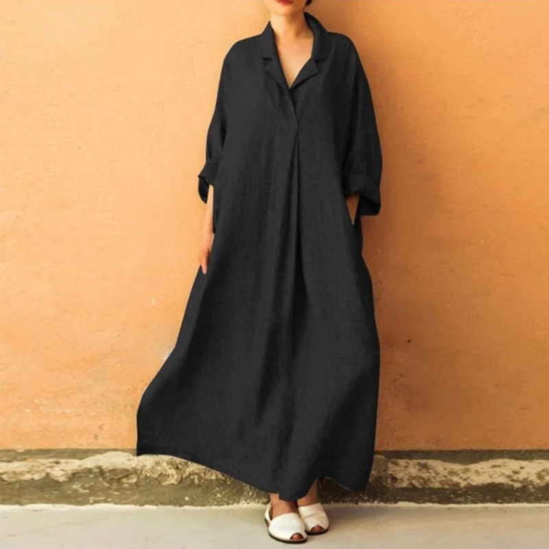 Плюс размер Повседневное платье макси свободная хлопковая льняная Женская однотонная длинная рубашка с длинными рукавами и воротником - Цвет: Black