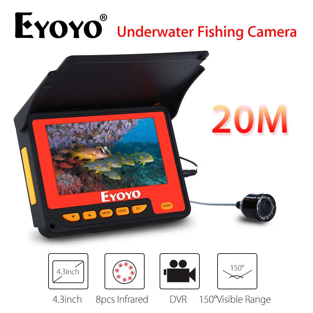 Eyoyo F05 4.3 "инфракрасный ИК-DVR подводный River Рыбалка Камера Рыболокаторы видео эхолот закреплен на стержень 20 м 150 градусов