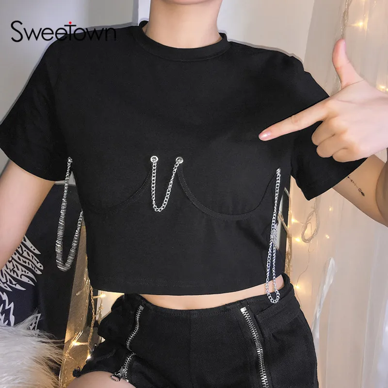 

Sweetown Black Solid Punk Crop T Shirt With Metal Chain Short Sleeve O-Neck Womens T Shirts Casual Loose Summet Tops Streetwear