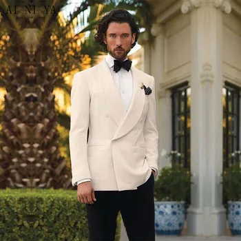 

Ivory Tuxedos For Men Shawl Lapel Mens Wedding Suits Formal Mens Suits Double Breasted Grooms Suits(jacket+pants+Bow tie)