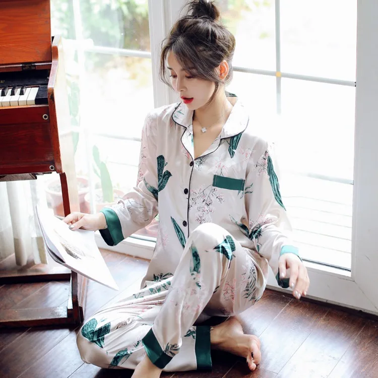 Весна Осень шелковая атласная пижама с принтом наборы для ухода за кожей для женщин с длинным рукавом Пижама домашняя одежда Pijama Mujer