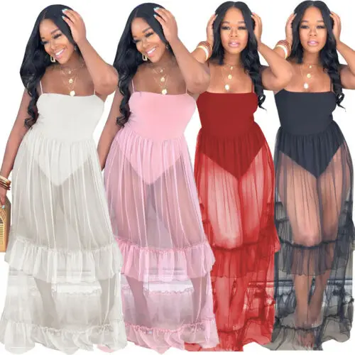

Sexy Women Spaghetti Strap Sleeveless Mesh Perspective Lace Beach Cover-up Swimwear Summer Casual Long Dress