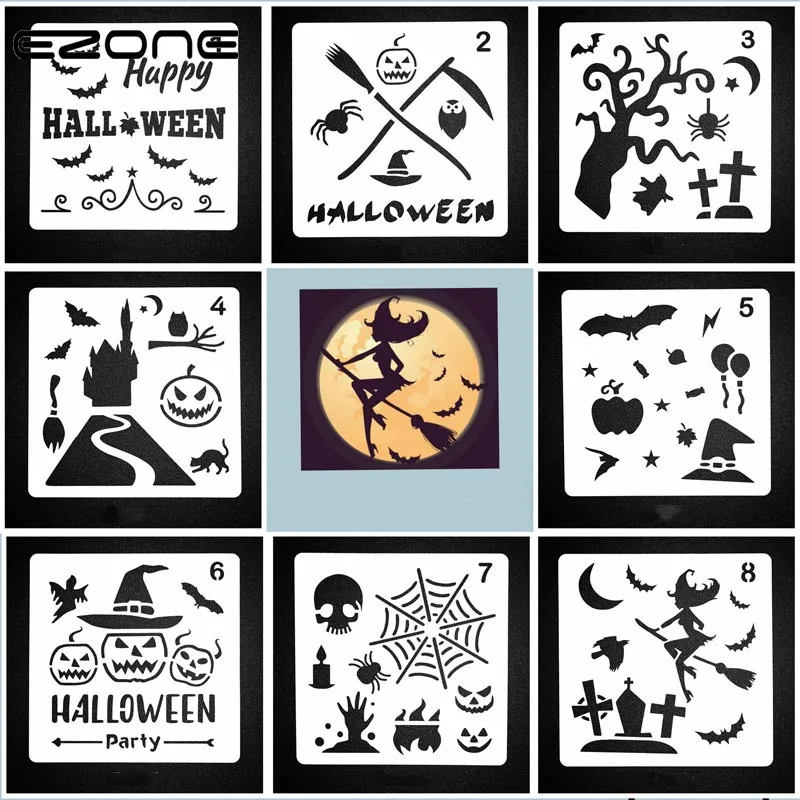 

EZONE 1PC Halloween Hollow Painting Ruler Template Stamp DIY Drawing Tool Pumpkin/Tree/Cross Template Rulers School Stationery