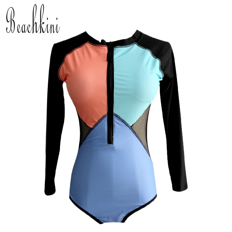 

New Front Zipper Swimsuit One Piece Sport Bathing Suit Long Sleeve Swimwear Women Patchwork Bodysuit Surfing Wear Rash Guard