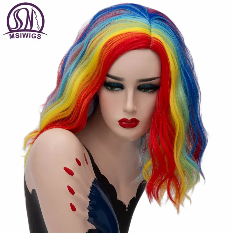 

MSIWIGS Short Cosplay Wigs for Women Rainbow Color Wavy Wigs Side Central Hairline Natural Cos Synthetic Rose Net Ombre Hair