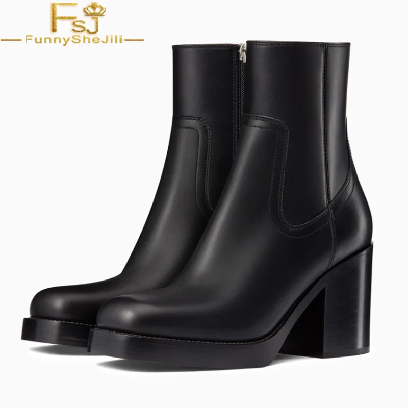 

FSJ Classic Black Winter Autumn Leather 2018 Platform High Square Heels Ankle Boots Dress Casual Ladies Shoe Woman Plus 4-16