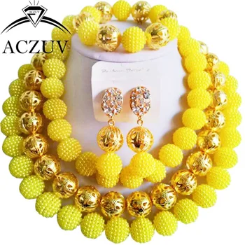 

Brand ACZUV 18inches African Fashion Beads Jewellery Designs Yellow Plastic Pearl Necklace For Women AN053