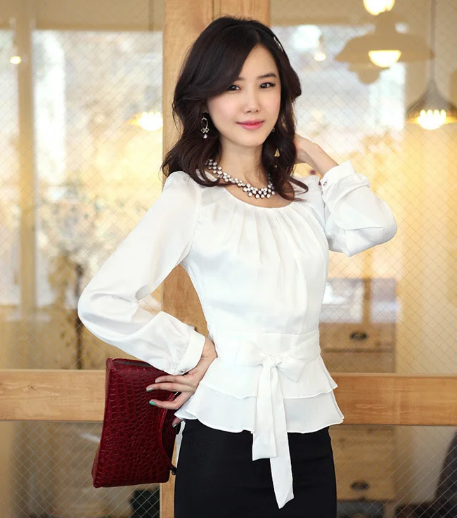Красивые Деловые женские модные шифоновые блузки, размер S-2XL, корейские Белые и розовые элегантные женские повседневные рубашки из вискозы с завышенной талией - Цвет: white