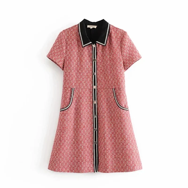 

2019 autumn vintage women tweed dress for ladies fashion front pockets dresses elegant girls slim vestidos dress feminine chic