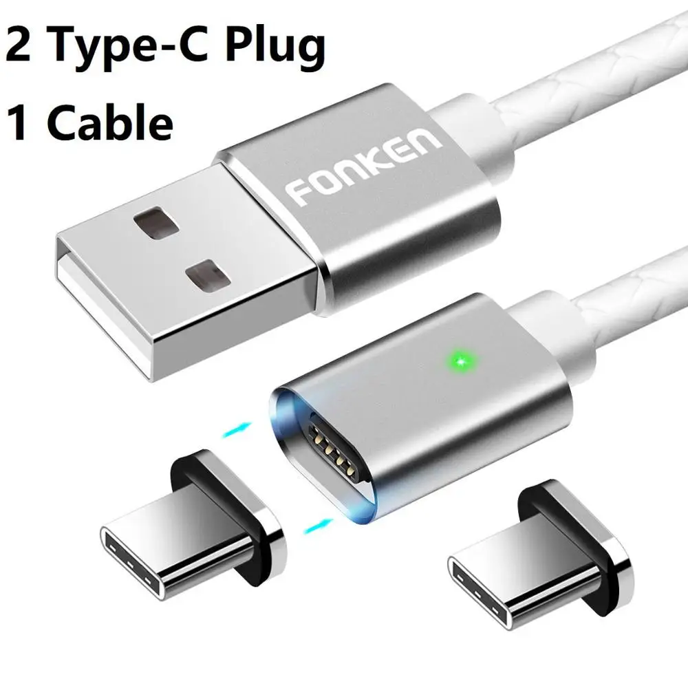 Магнитный кабель FONKEN type-C, магнитный кабель USB C для телефона, 1 м, 2,4 А, светодиодный, для мобильного зарядного устройства, Тип C, двусторонний шнур для зарядки, кабель для синхронизации данных - Цвет: 2 Plug 1 White Cord