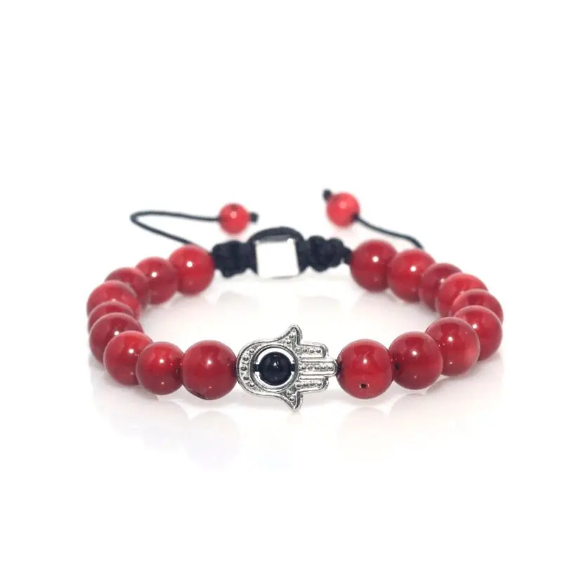 8mm Red Natural Stone Fatima Hand Hamsa Hand Charm Men Braceletmen