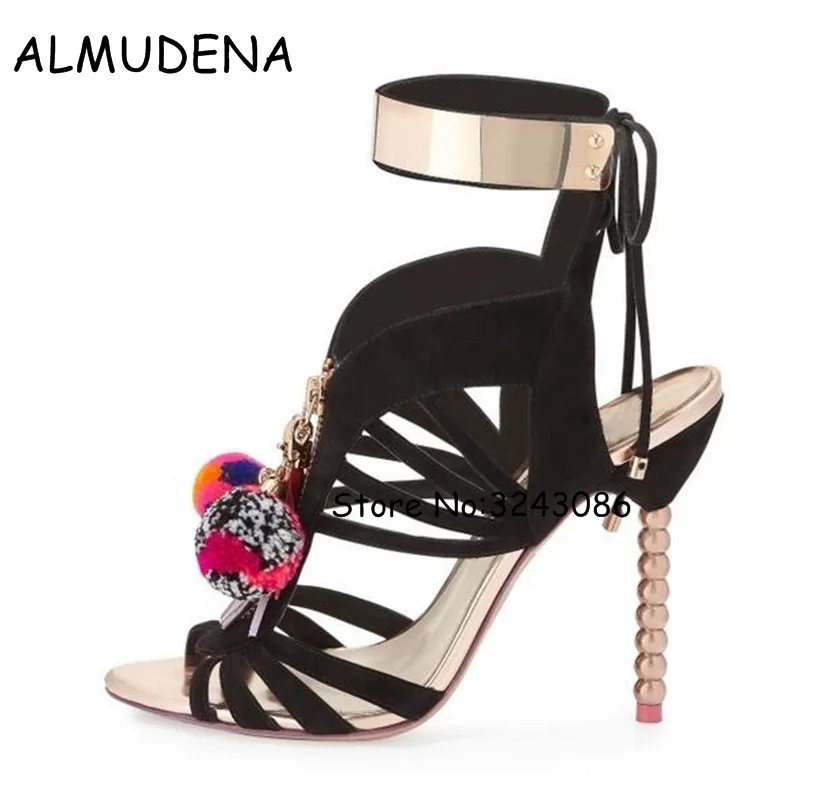 2018 Hot Women Fringe Tassel Stiletto Sandals Metal Ankle Wrap Beading Heels Pumps Shoes Pom Pom Lace Up Cut-out Sandal Boots pom pom front zipper design stiletto heels