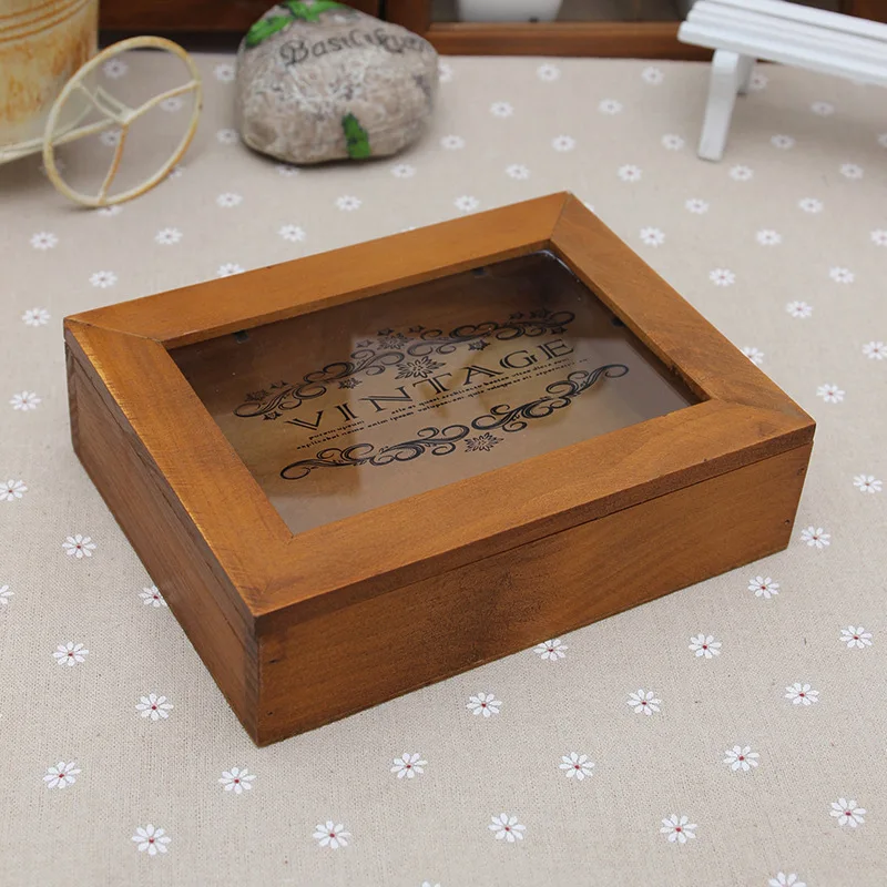 

Retro Desktop Wooden Storage Box with Glass Cover Stationery/ Postcard Wooden Sorting Box