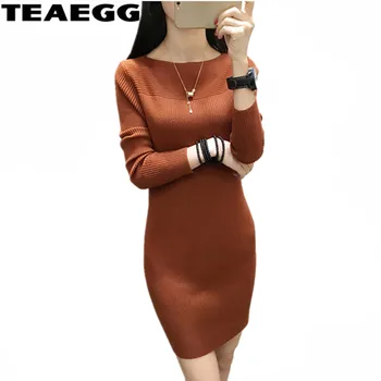 

TEAEGG Mini Women Dress Elegant Spring Autumn Ladies Dresses Knitted Slash Neck Long Sleeve Dress Femme Vestido Mujer AL781