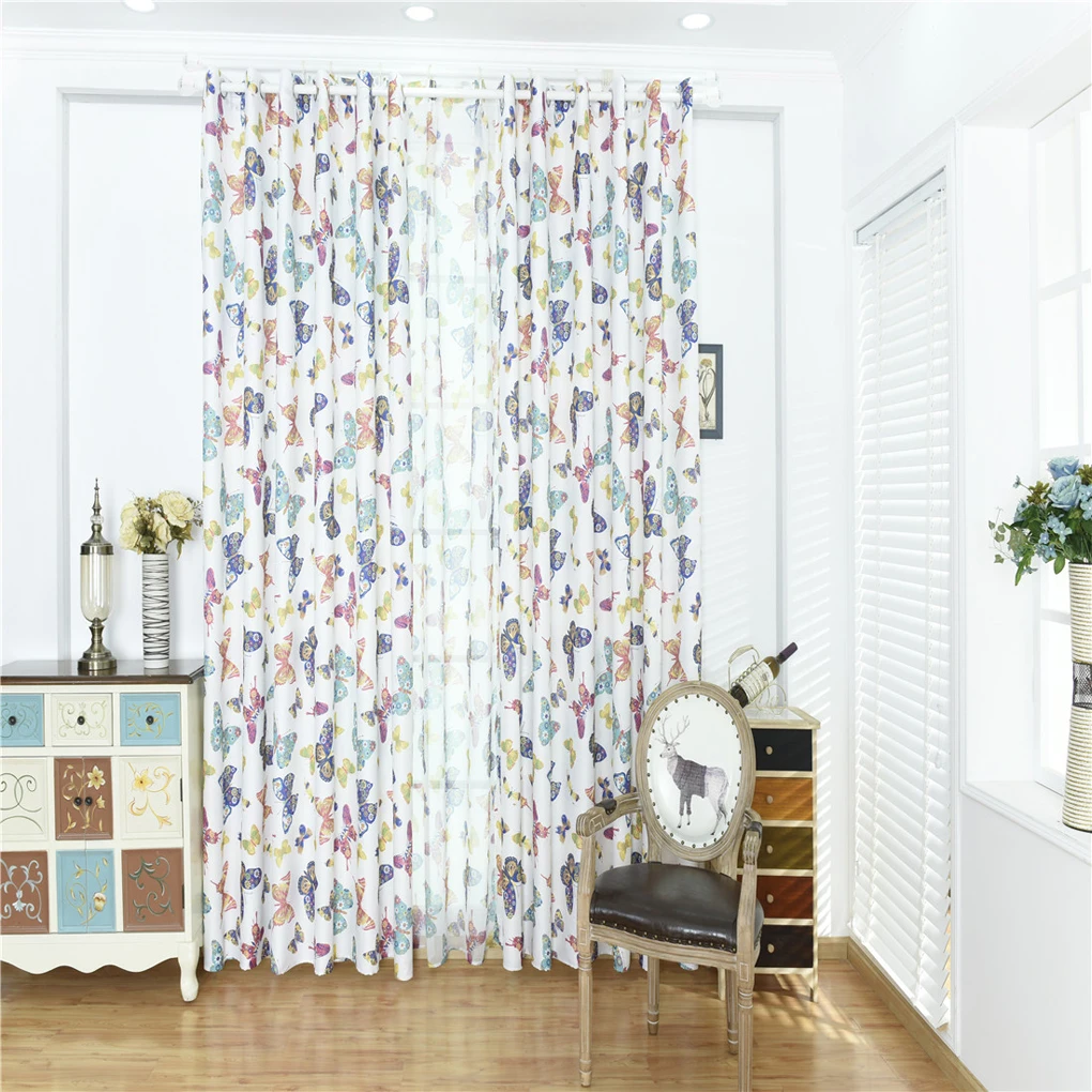 Colorful Butterfly Printed Voile Door Window Blinds Blackout Curtains