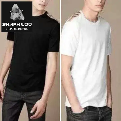 Free Shipping 2015 Men Fashion Designer Plaid Fabric On Shoulder Summer T-shirts/Top Quality Cotton Tees/Tops BT1501 S-XXL | Мужская