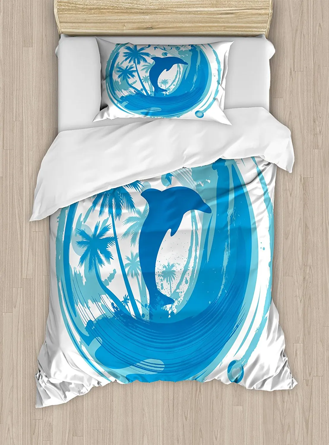 

Dolphin Duvet Cover Set Tropical Theme Maritime Image Ocean Inspired Image Exotic Trees and Birds Print Decor 4pcs Bedding Set