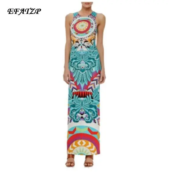 

EFATZP New Fashion Women's Luxurious Brand Sleeveless Royal Baroque Print Stretch Jersey Silk Maxi Full Dress